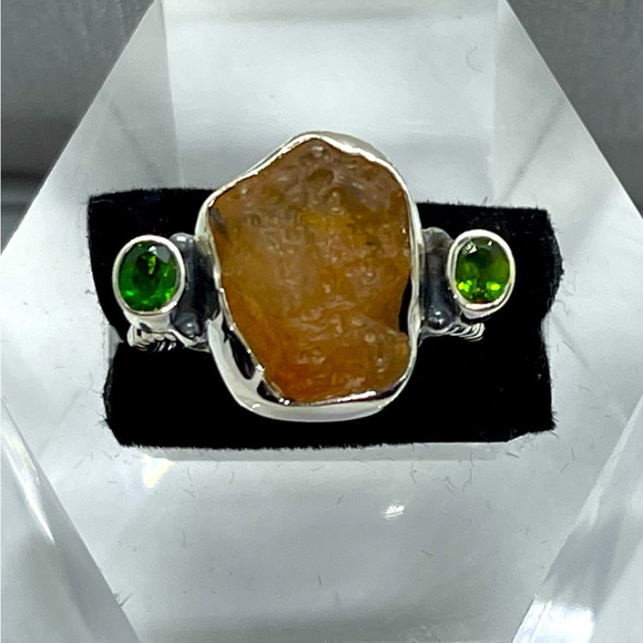 Rough Fire Opal & Diopside 925 Ring - Picture 1 of 4
